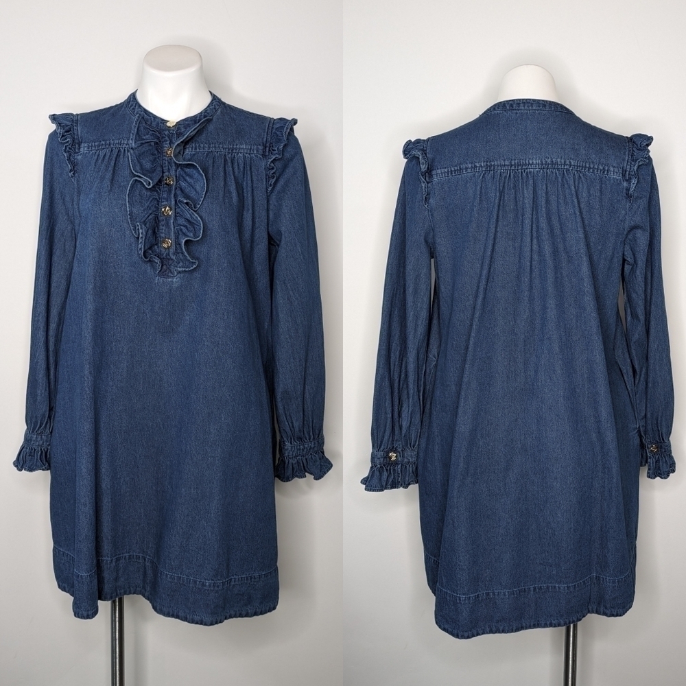 Draper James RSVP blue denim ruffle accent long sleeve dress S